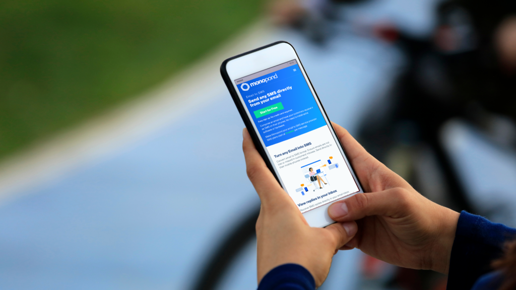 A mobile phone showing the Email to SMS page of Monopond, an SMS software