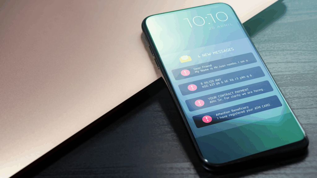 A mobile phone displaying SMS scam messages